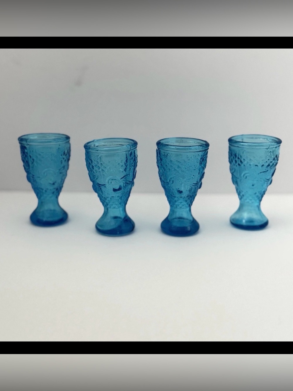 Vintage Blue Shot Cordial Glass Diamond Point Scroll Pattern EUC